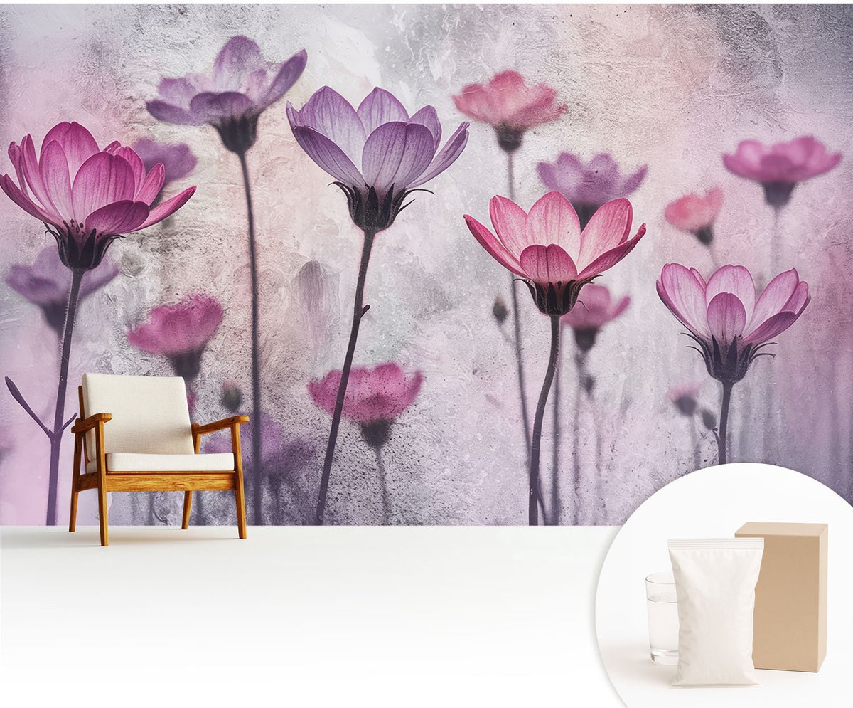 Wallfluent Fotobehang - Roze Vliesbehang - 416x254 cm - Pastelkleurige Bloemen Muurschildering - Slaapkamer behang Bloemen En Planten - Fotobehang Vlies - Slaapkamer behang