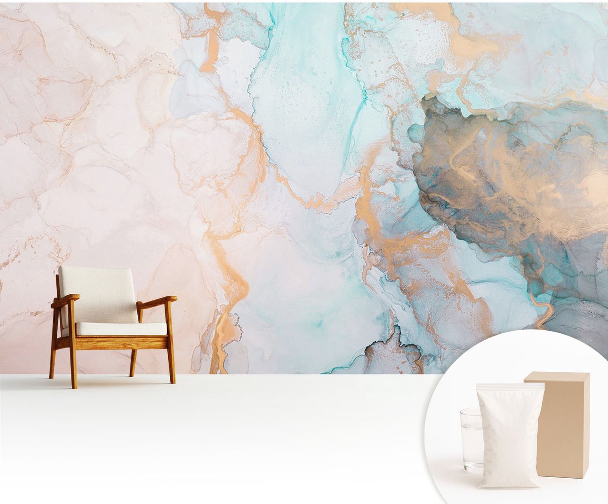 Wallfluent Fotobehang - Wit Vliesbehang - 416x254 cm - Aquarel Golven Fotobehang Vlies - Hal behang Deel - Muurschildering - Woonkamer behang