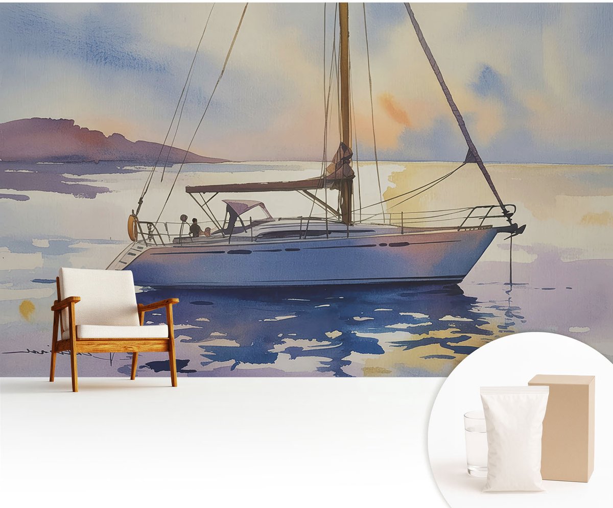 Wallfluent Fotobehang - Blauw Vliesbehang - 416x254 cm - Zeilboot West Fotobehang Vlies - Woonkamer behang Landschappen - Muurschildering - Woonkamer behang