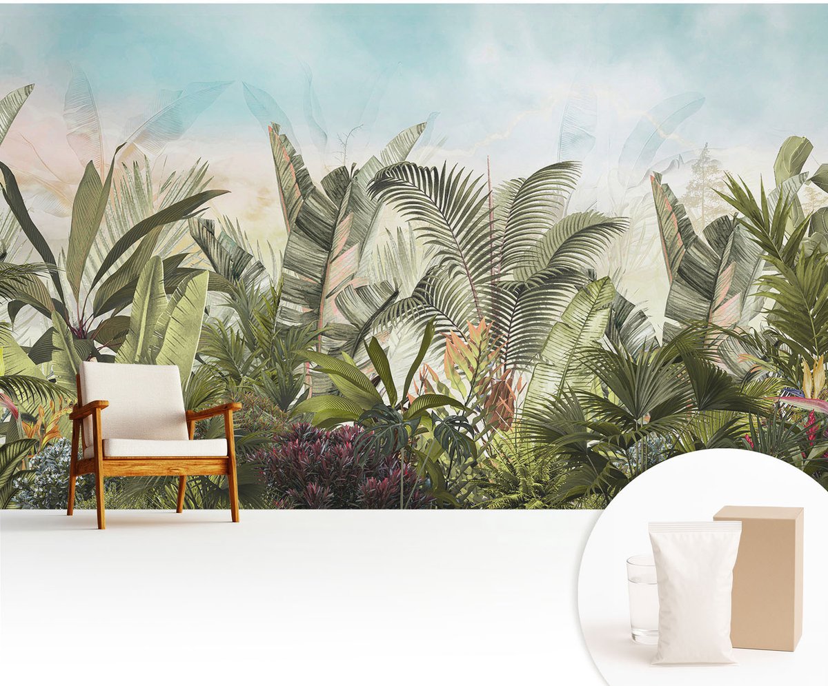 Wallfluent Fotobehang - Groente Vliesbehang - 416x254 cm - Tropisch Paradijs Fotobehang Vlies - Hal behang Bloemen En Planten - Muurschildering - Woonkamer behang