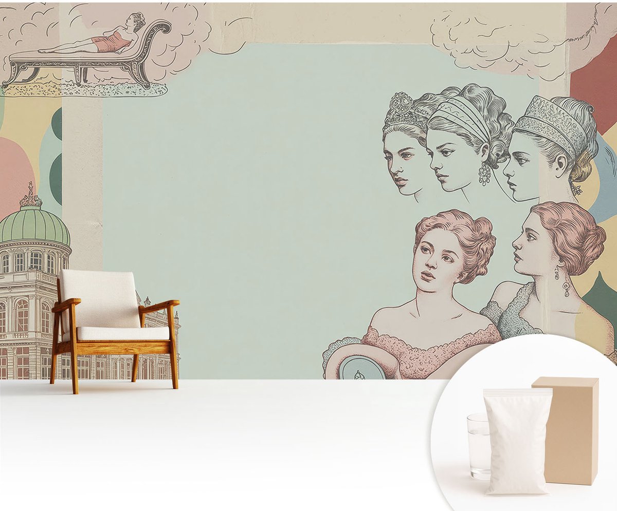 Wallfluent Fotobehang - Beige Vliesbehang - 416x254 cm - Klassieke Collage Fotobehang Vlies - Woonkamer behang Deel - Muurschildering - Hal behang