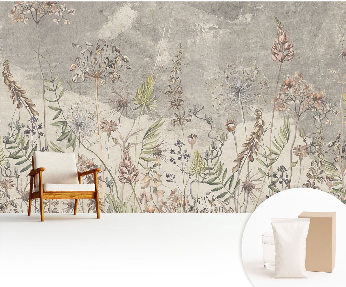 Wallfluent Fotobehang - Grijs Vliesbehang - 416x254 cm - Wilde Planten Muurschildering - Gang behang Bloemen En Planten - Fotobehang Vlies - Slaapkamer behang