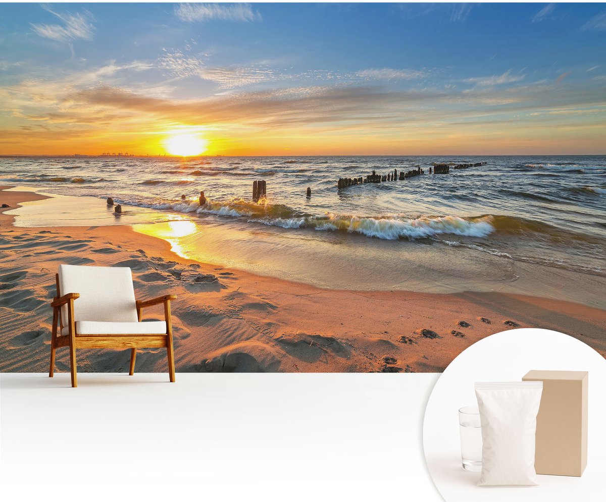 Wallfluent Fotobehang - Geel Vliesbehang - 416x254 cm - Zonsondergang Op Het Strand Muurschildering - Gang behang Landschappen - Fotobehang Vlies - Slaapkamer behang