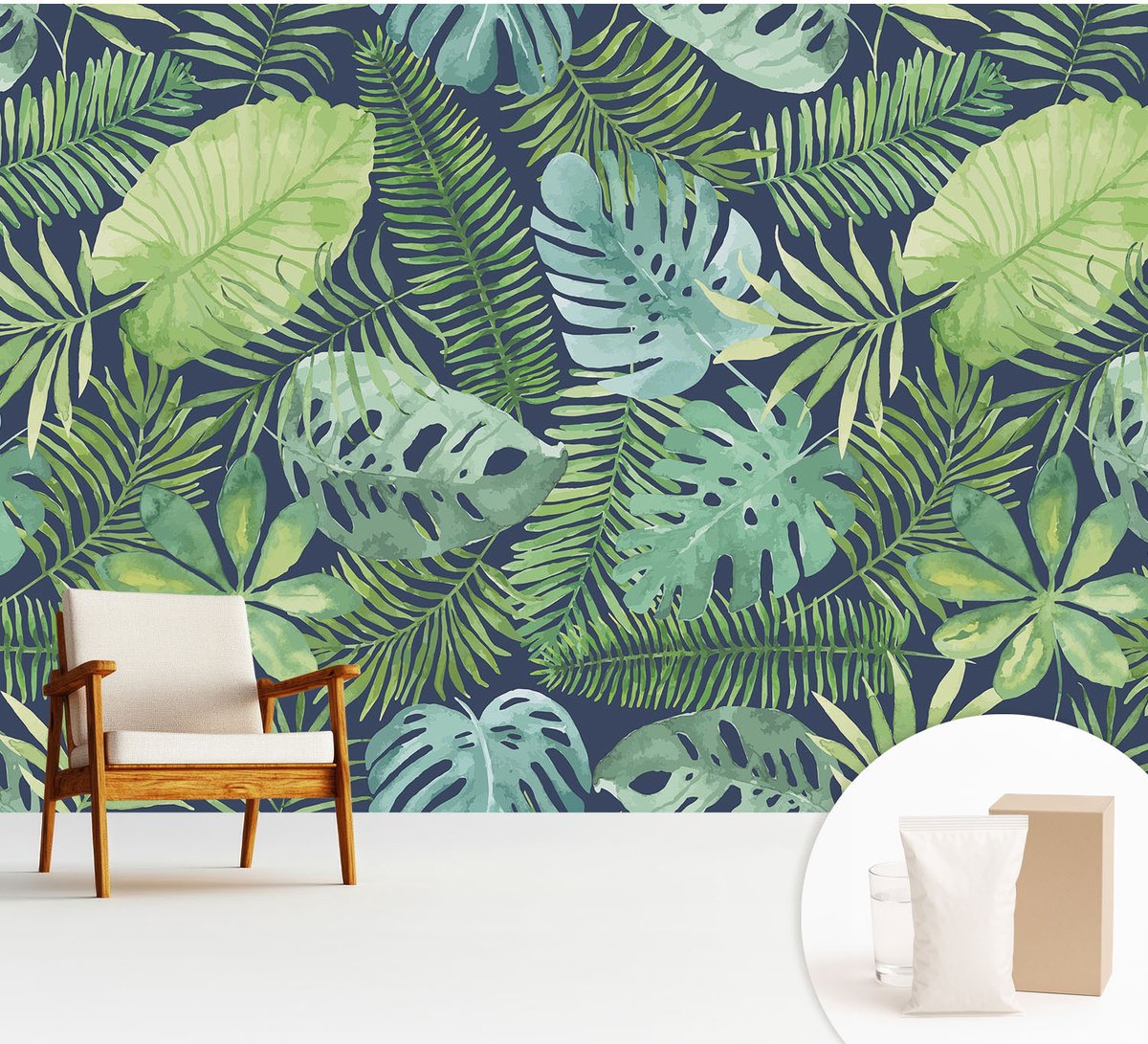 Wallfluent Fotobehang - Groente Vliesbehang - 312x219 cm - Tropische Bladeren Fotobehang Vlies - Woonkamer behang Bloemen En Planten - Muurschildering - Woonkamer behang