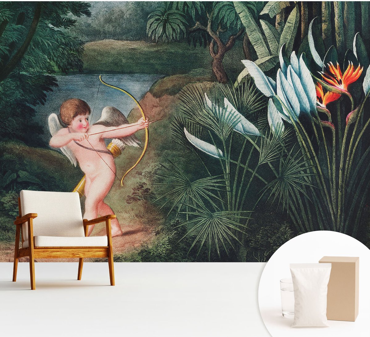 Wallfluent Fotobehang - Groente Vliesbehang - 312x219 cm - Schattige Cupido Fotobehang Vlies - Woonkamer behang Bloemen En Planten - Muurschildering - Woonkamer behang
