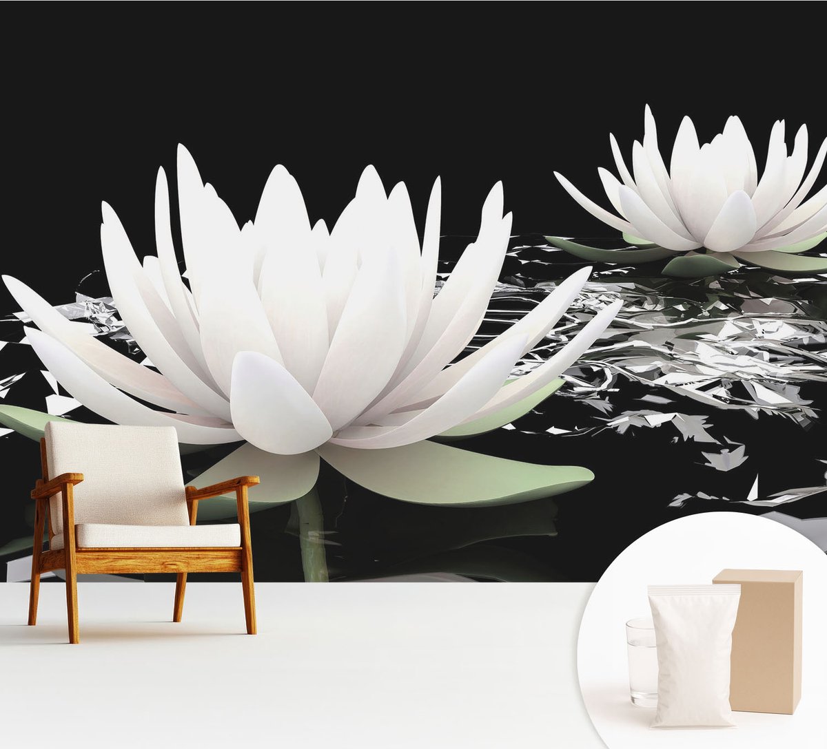 Wallfluent Fotobehang - Wit Vliesbehang - 312x219 cm - Waterbloemen Fotobehang Vlies - Hal behang Bloemen En Planten - Muurschildering - Woonkamer behang