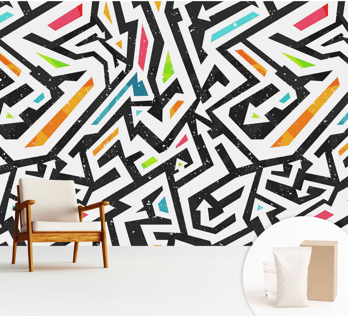 Wallfluent Fotobehang - Zwart Vliesbehang - 312x219 cm - Abstracte Mozaïek Fotobehang Vlies - Hal behang Geometrie - Muurschildering - Woonkamer behang