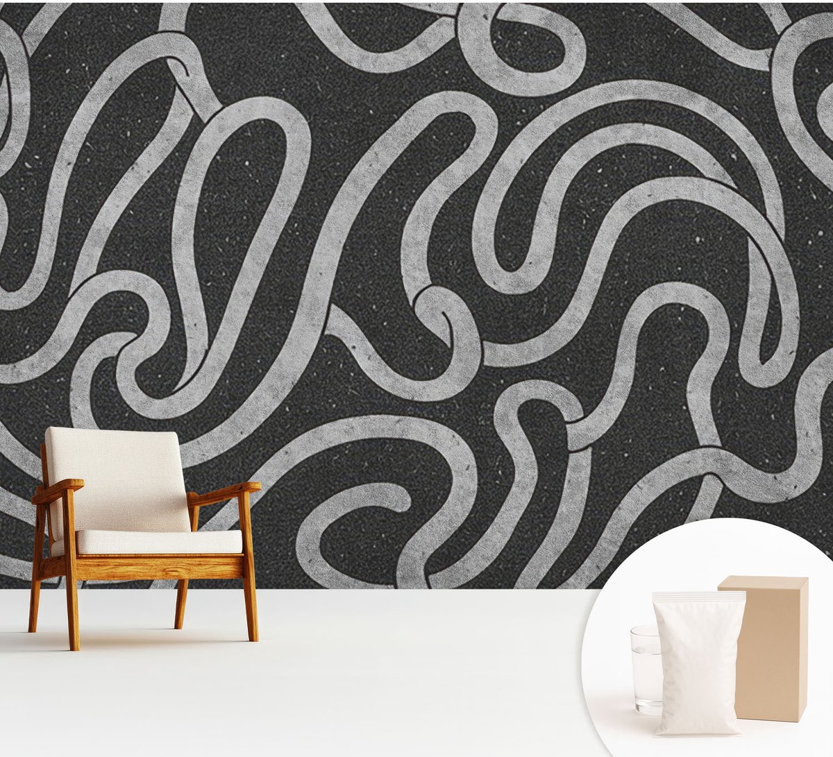 Wallfluent Fotobehang - Zwart Vliesbehang - 312x219 cm - Gedraaide Vormen Muurschildering - Gang behang Texturen - Fotobehang Vlies - Slaapkamer behang