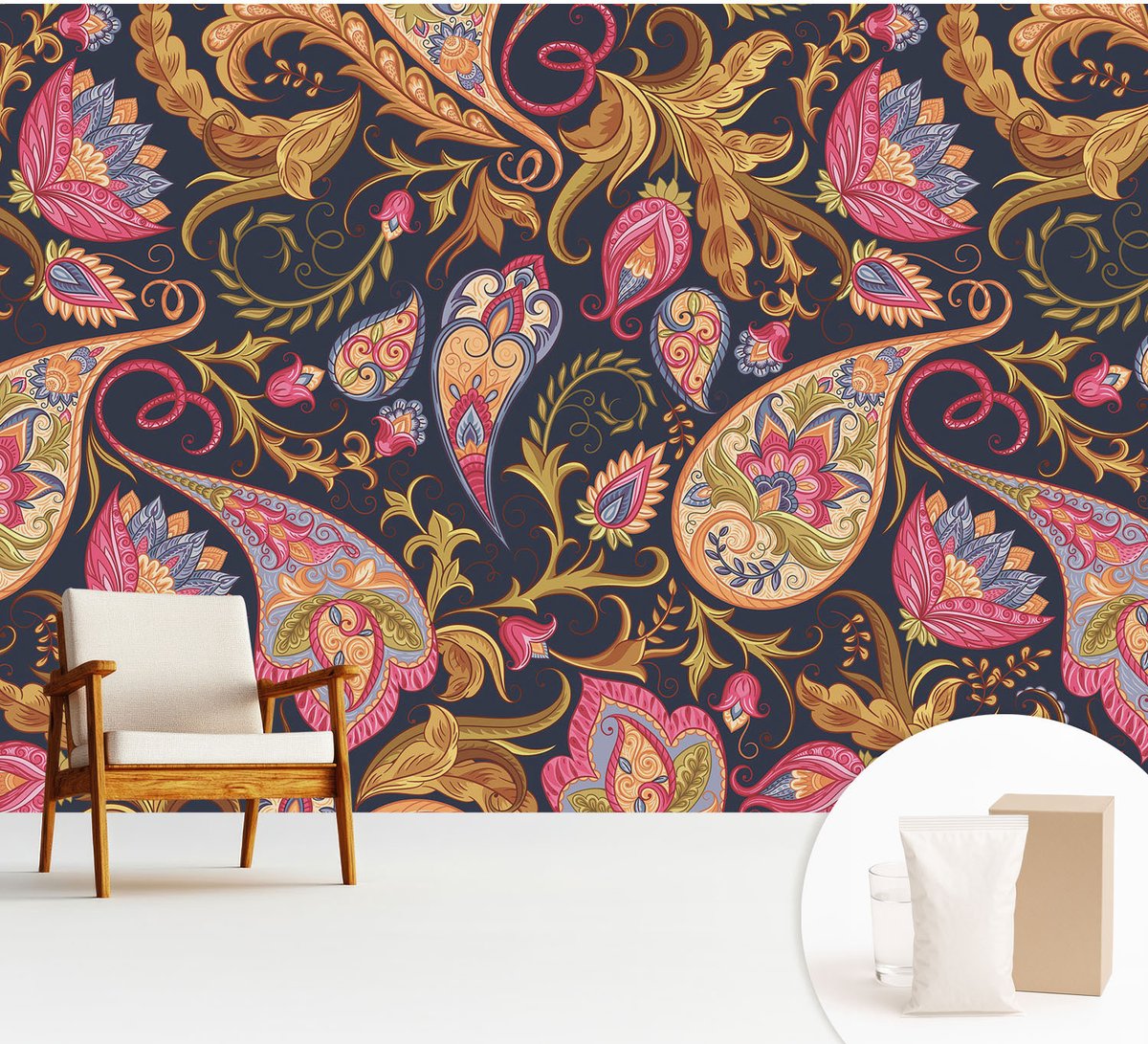 Wallfluent Fotobehang - Marine Vliesbehang - 312x219 cm - Kleurrijk Paisley-Patroon Muurschildering - Gang behang Achtergronden En Patronen - Fotobehang Vlies - Slaapkamer behang