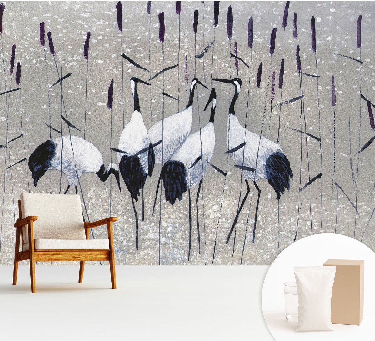 Wallfluent Fotobehang - Grijs Vliesbehang - 312x219 cm - Harmonieuze Kraanvogels Muurschildering - Gang behang Dieren - Fotobehang Vlies - Slaapkamer behang