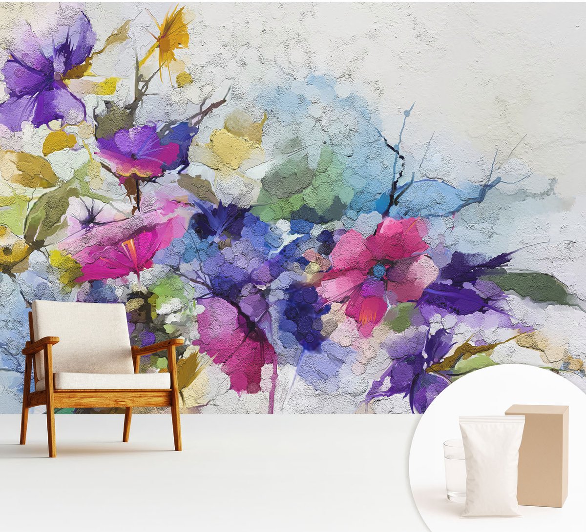 Wallfluent Fotobehang - Zwart Vliesbehang - 312x219 cm - Abstracte Bloemen Fotobehang Vlies - Woonkamer behang Bloemen En Planten - Muurschildering - Woonkamer behang