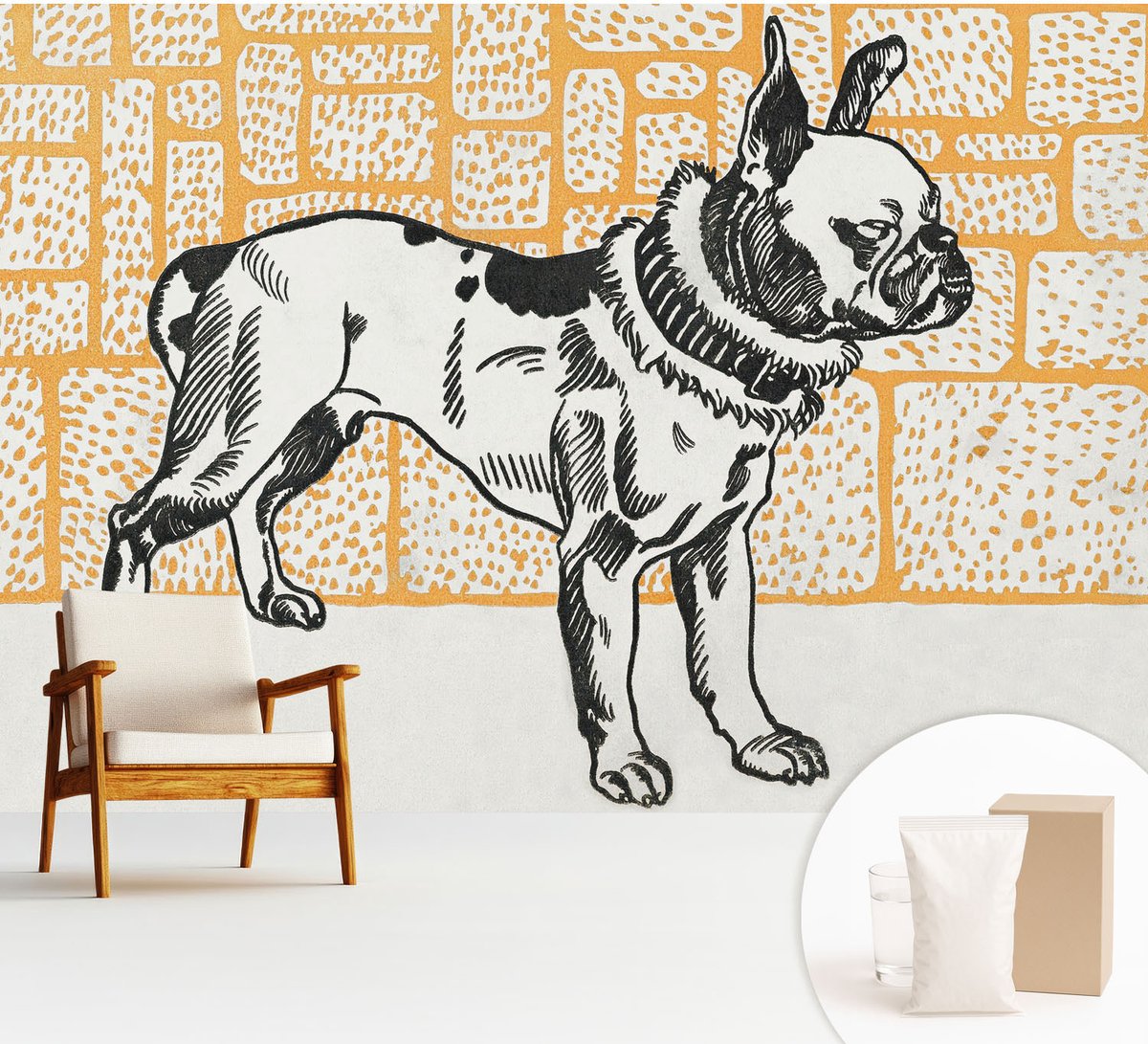 Wallfluent Fotobehang - Wit Vliesbehang - 312x219 cm - Retro Hond Muurschildering - Slaapkamer behang Dieren - Fotobehang Vlies - Slaapkamer behang