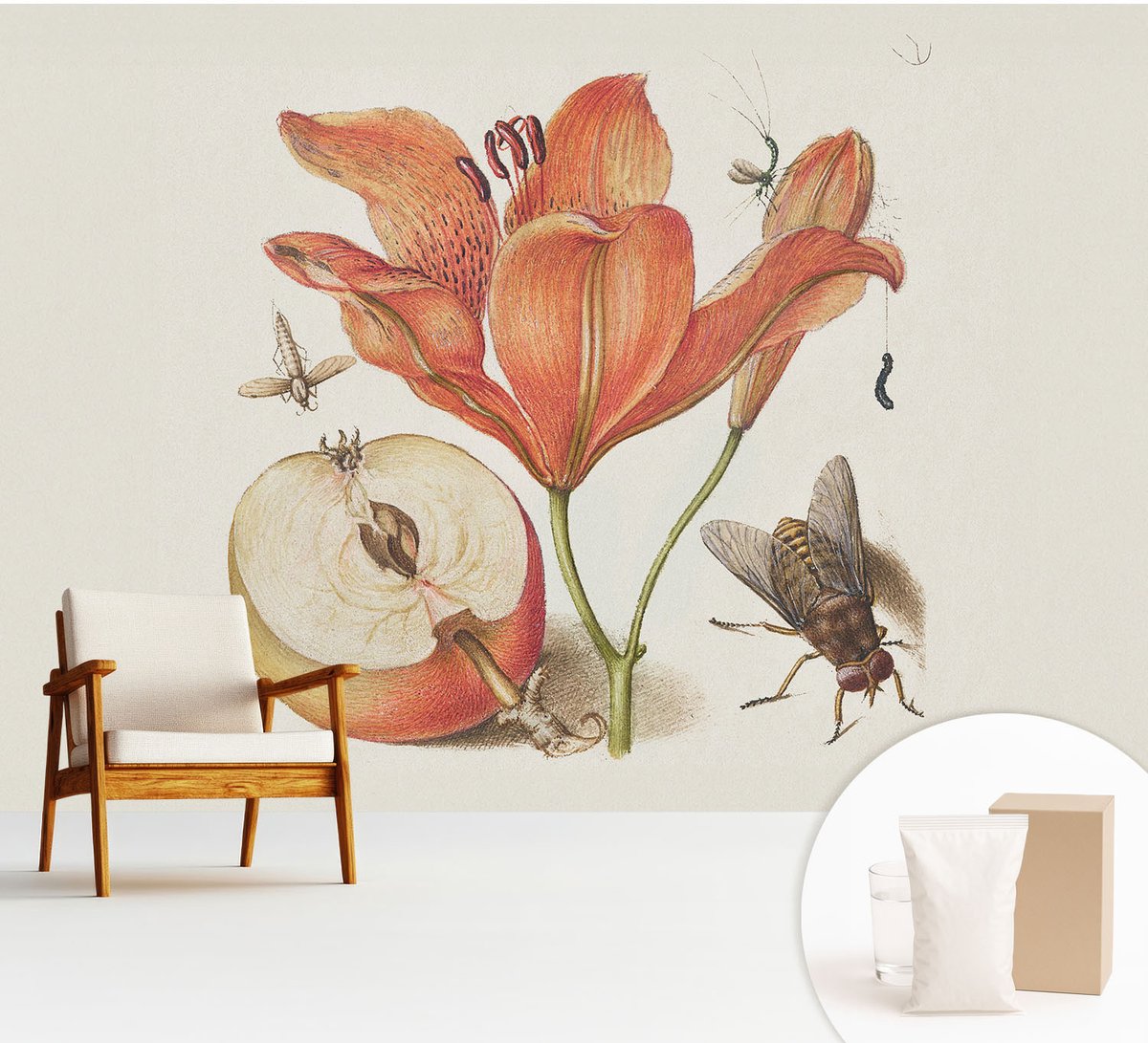 Wallfluent Fotobehang - Romig Vliesbehang - 312x219 cm - Botanische Illustratie Fotobehang Vlies - Woonkamer behang Bloemen En Planten - Muurschildering - Hal behang