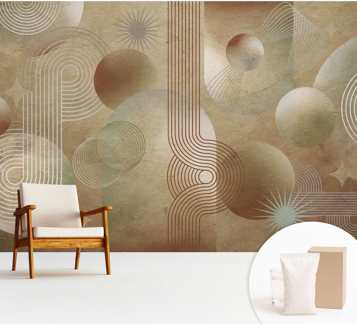 Wallfluent Fotobehang - Beige Vliesbehang - 312x219 cm - Geometrisch Patroon Fotobehang Vlies - Woonkamer behang Abstractie - Muurschildering - Hal behang