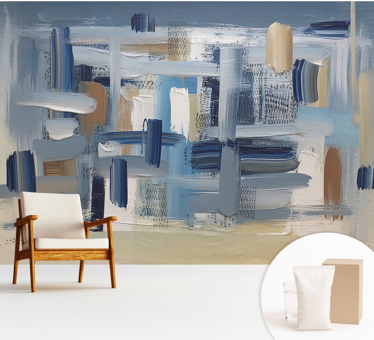 Wallfluent Fotobehang - Blauw Vliesbehang - 312x219 cm - Abstracte Penselen Muurschildering - Gang behang Abstractie - Fotobehang Vlies - Slaapkamer behang