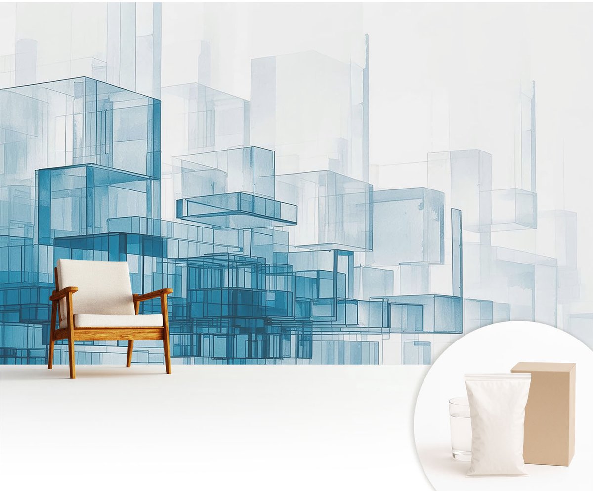 Wallfluent Fotobehang - Wit Vliesbehang - 416x254 cm - Transparante Kubussen Fotobehang Vlies - Hal behang Architectuur - Muurschildering - Hal behang