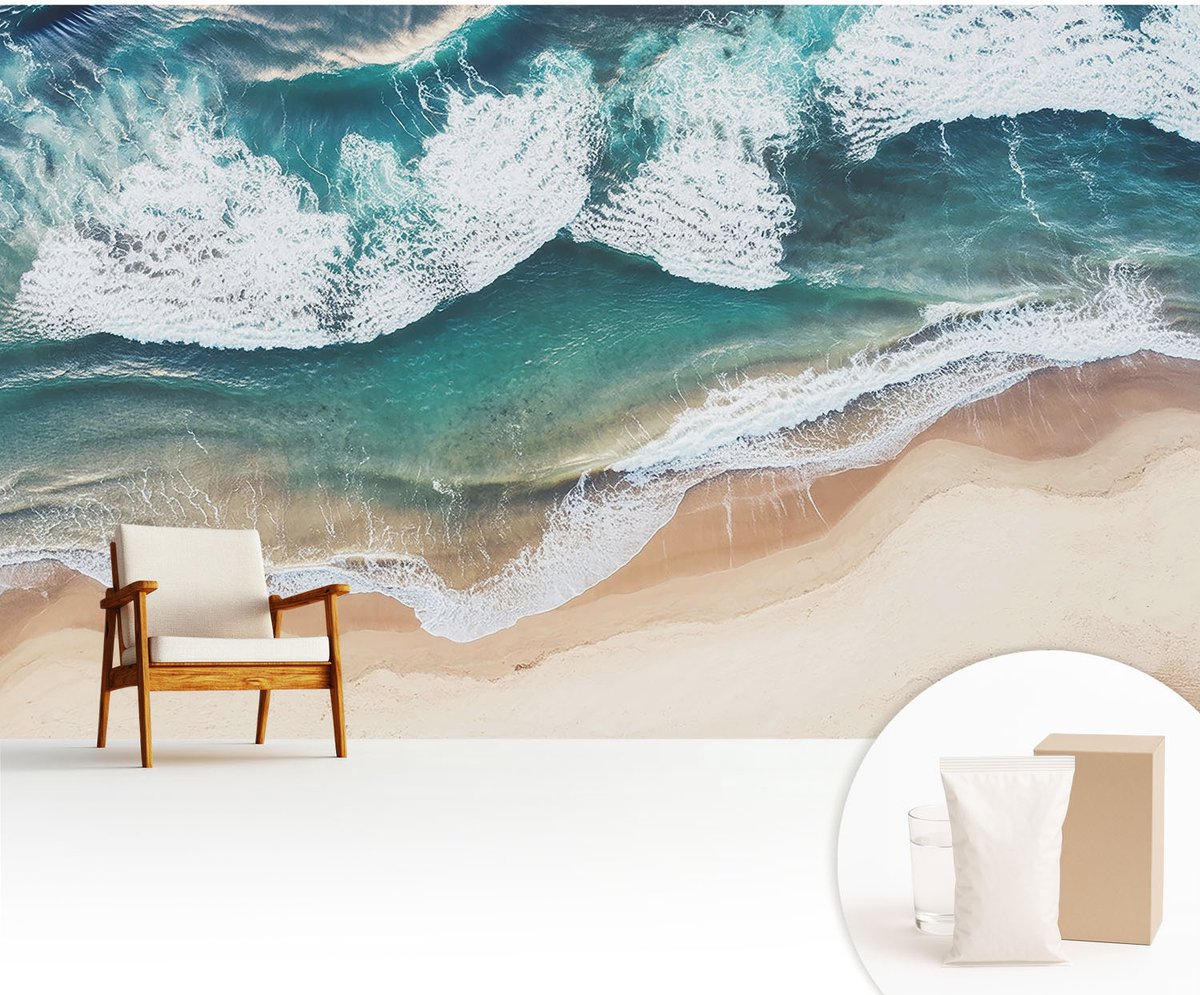 Wallfluent Fotobehang - Blauw Vliesbehang - 416x254 cm - Zeegolven Fotobehang Vlies - Hal behang Landschappen - Muurschildering - Woonkamer behang
