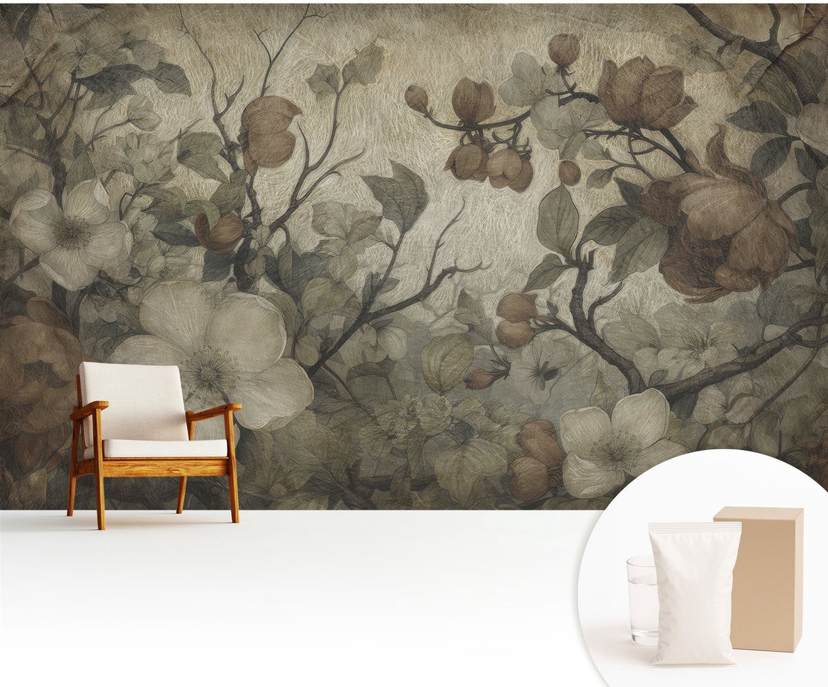 Wallfluent Fotobehang - Bruin Vliesbehang - 416x254 cm - Bloemenpracht Muurschildering - Gang behang Bloemen En Planten - Fotobehang Vlies - Slaapkamer behang