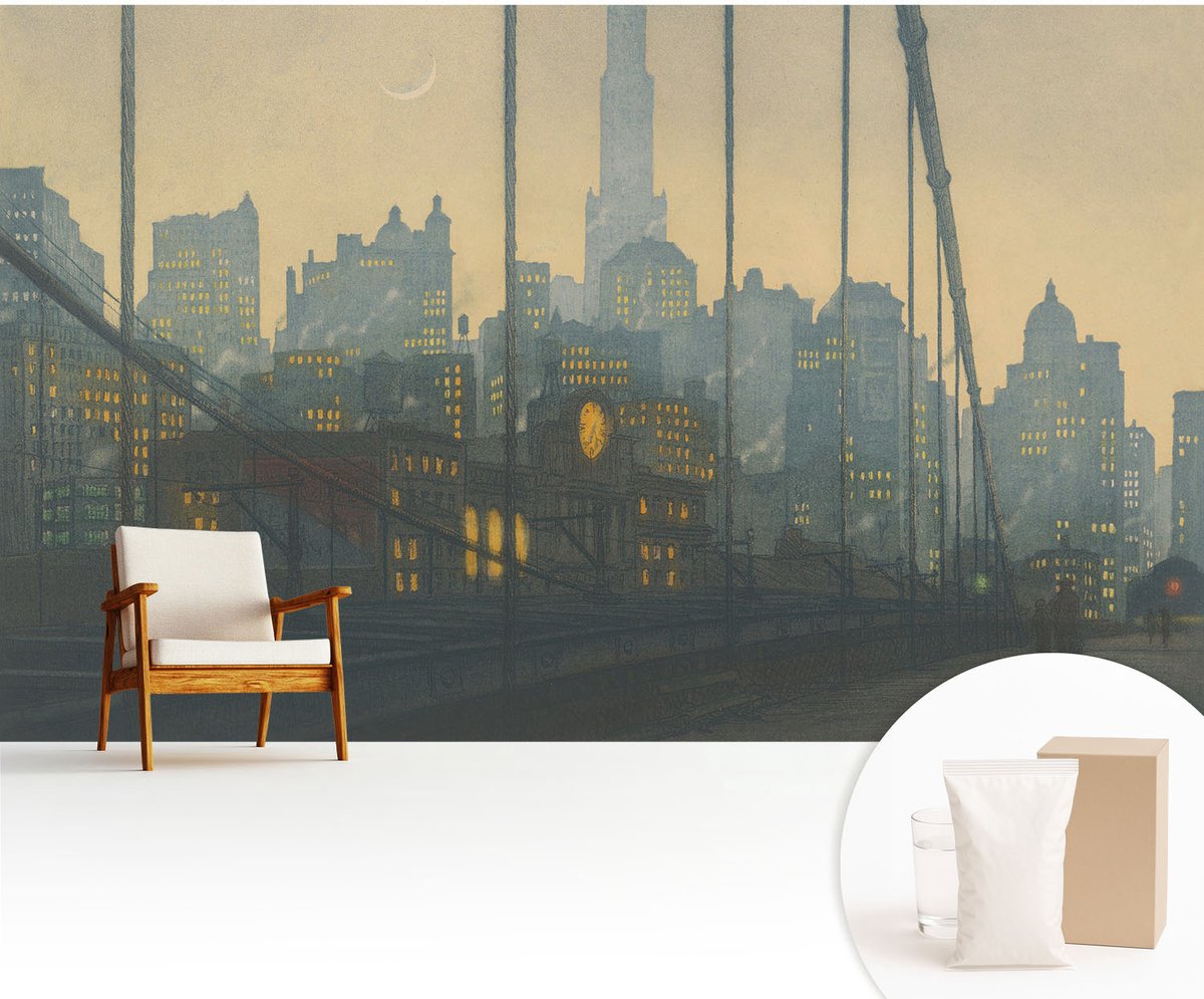 Wallfluent Fotobehang - Grijs Vliesbehang - 416x254 cm - Avondpanorama Muurschildering - Slaapkamer behang Steden - Fotobehang Vlies - Gang behang