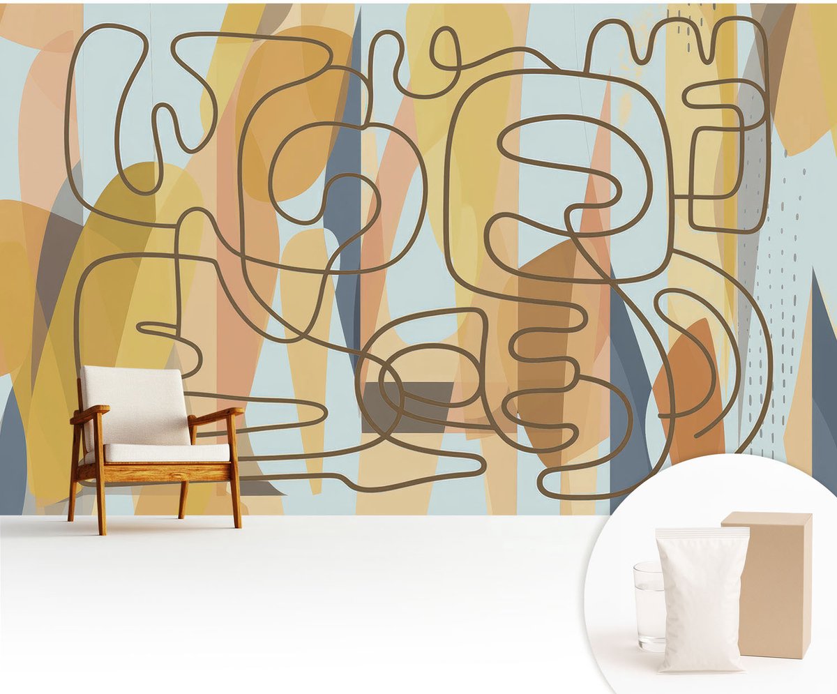 Wallfluent Fotobehang - Geel Vliesbehang - 416x254 cm - Abstracte Vormen Muurschildering - Slaapkamer behang Abstractie - Fotobehang Vlies - Slaapkamer behang