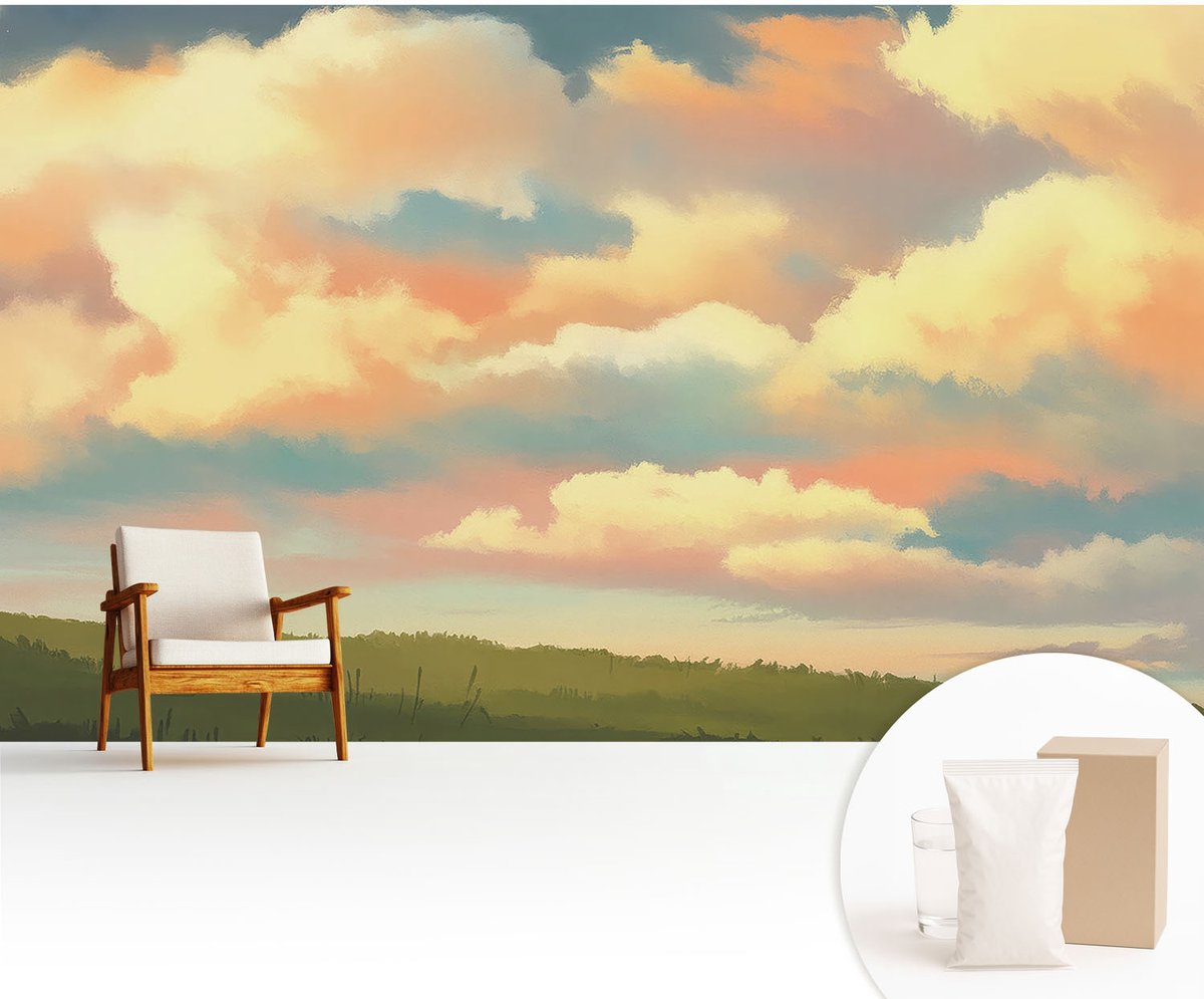 Wallfluent Fotobehang - Oranje Vliesbehang - 416x254 cm - Hemelwolken Fotobehang Vlies - Woonkamer behang Landschappen - Muurschildering - Hal behang