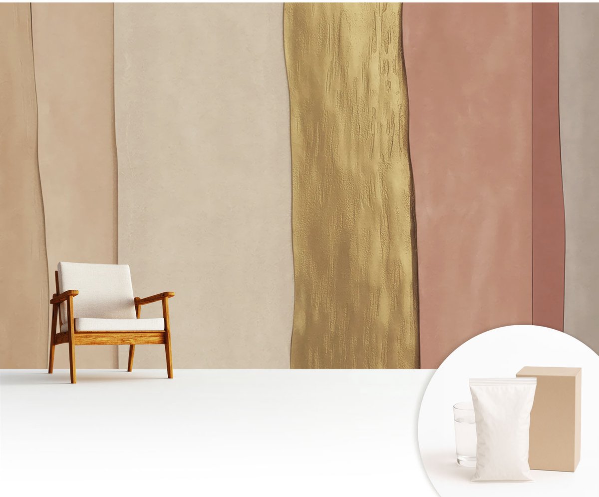Wallfluent Fotobehang - Beige Vliesbehang - 416x254 cm - Golvende Strepen Fotobehang Vlies - Woonkamer behang Texturen - Muurschildering - Woonkamer behang
