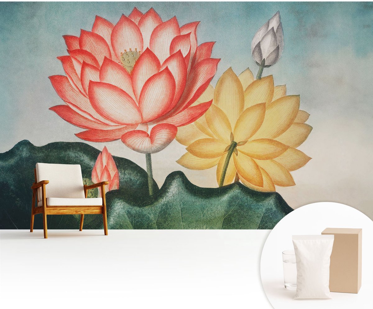 Wallfluent Fotobehang - Rood Vliesbehang - 416x254 cm - Lotusbloemen Muurschildering - Gang behang Bloemen En Planten - Fotobehang Vlies - Gang behang