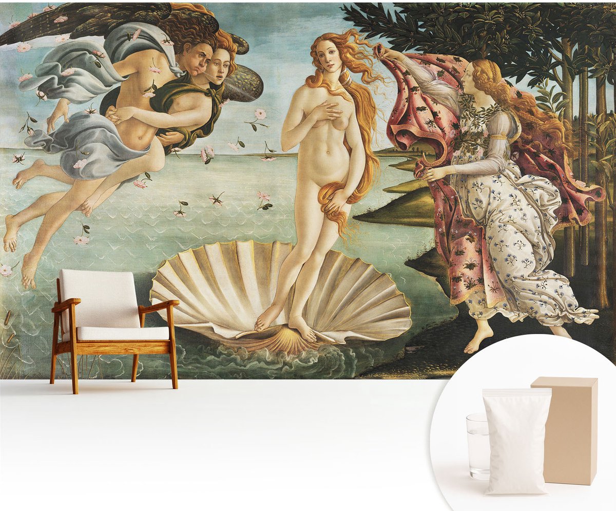Wallfluent Fotobehang - Zwart Vliesbehang - 416x254 cm - De Geboorte Van Venus Fotobehang Vlies - Hal behang Deel - Muurschildering - Woonkamer behang