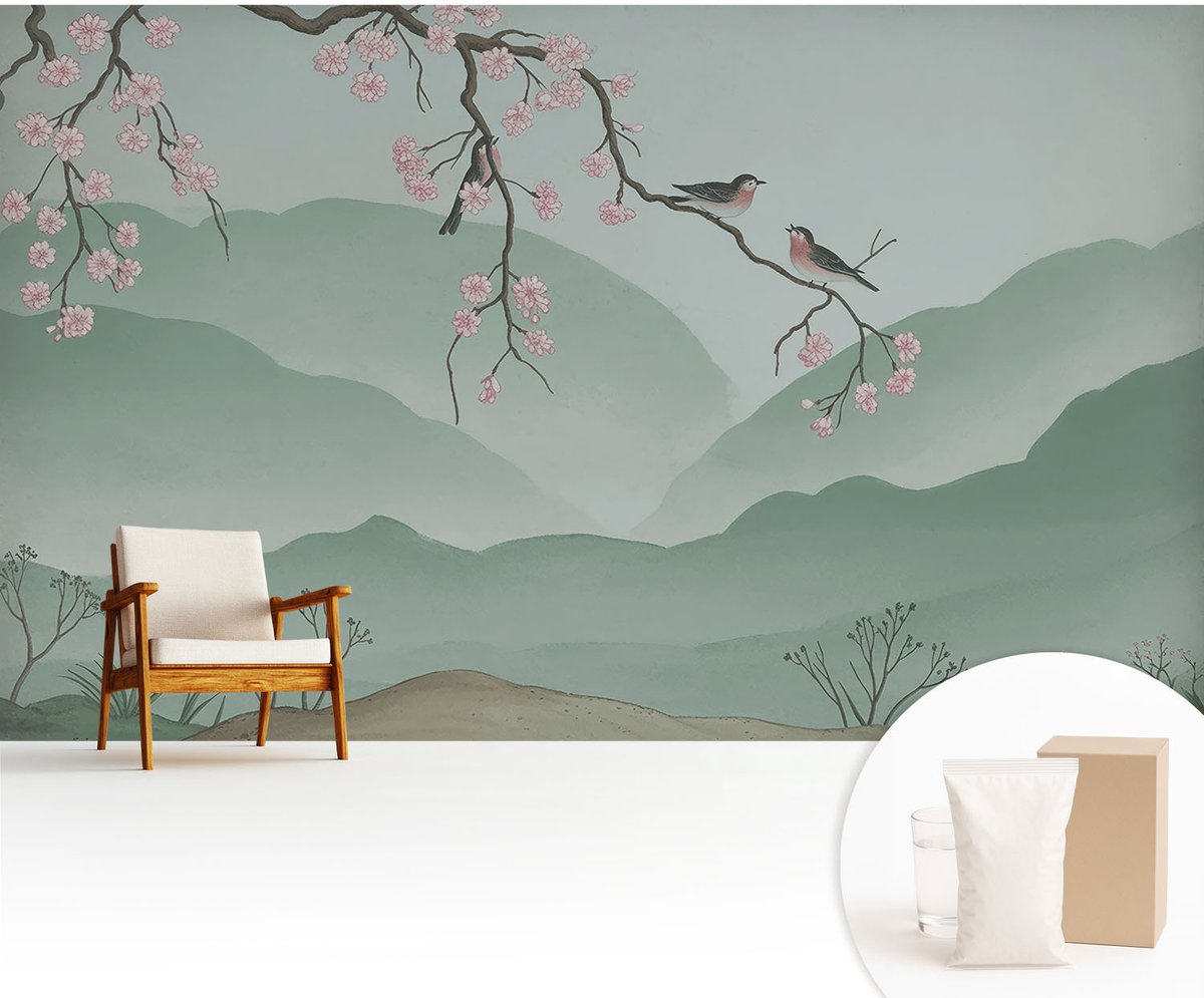 Wallfluent Fotobehang - Grijs Vliesbehang - 416x254 cm - Japanse Serenade Fotobehang Vlies - Woonkamer behang Bloemen En Planten - Muurschildering - Woonkamer behang