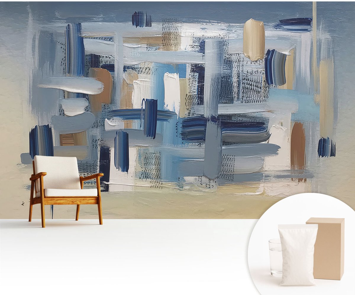 Wallfluent Fotobehang - Blauw Vliesbehang - 416x254 cm - Abstracte Penselen Muurschildering - Slaapkamer behang Abstractie - Fotobehang Vlies - Slaapkamer behang