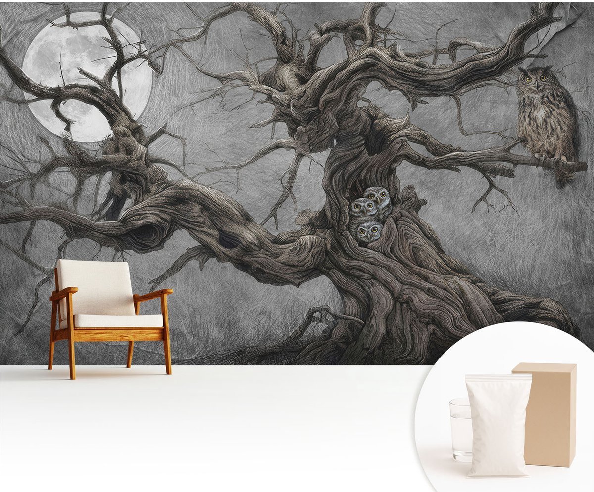 Wallfluent Fotobehang - Grijs Vliesbehang - 416x254 cm - Mysterieuze Uil Fotobehang Vlies - Hal behang Dieren - Muurschildering - Woonkamer behang