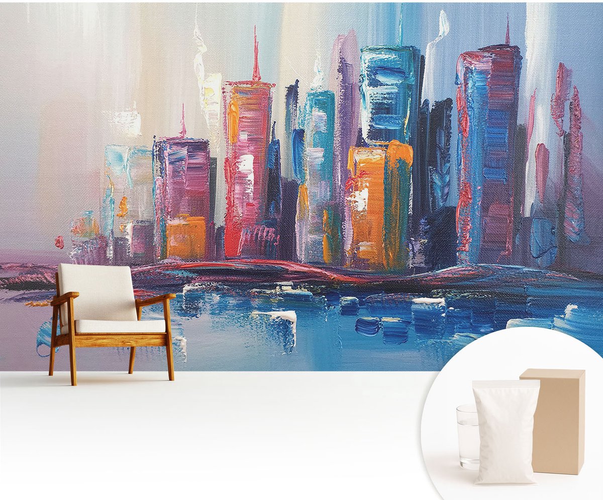 Wallfluent Fotobehang - Blauw Vliesbehang - 416x254 cm - Kleurrijke Stad Muurschildering - Slaapkamer behang Deel - Fotobehang Vlies - Slaapkamer behang