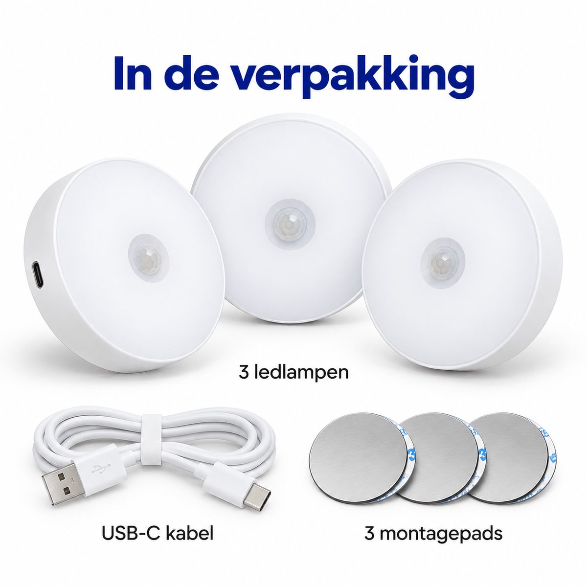 Ledverlichting - Bewegingssensor - 3 stuks - Rond - Draadloos - Oplaadbaar - USB C - Nachtlamp - Warm licht - Sensor - Kastverlichting - Trapverlichting - Nachtlampje — cadeau in Wonen & Interieur - foto 5