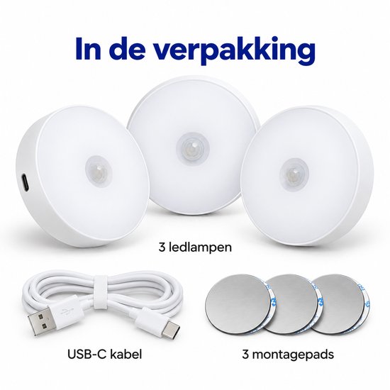 Ledverlichting - Bewegingssensor - 3 stuks - Rond - Draadloos - Oplaadbaar - USB C - Nachtlamp - Warm licht - Sensor - Kastverlichting - Trapverlichting - Nachtlampje van Bobypet — afbeelding 5