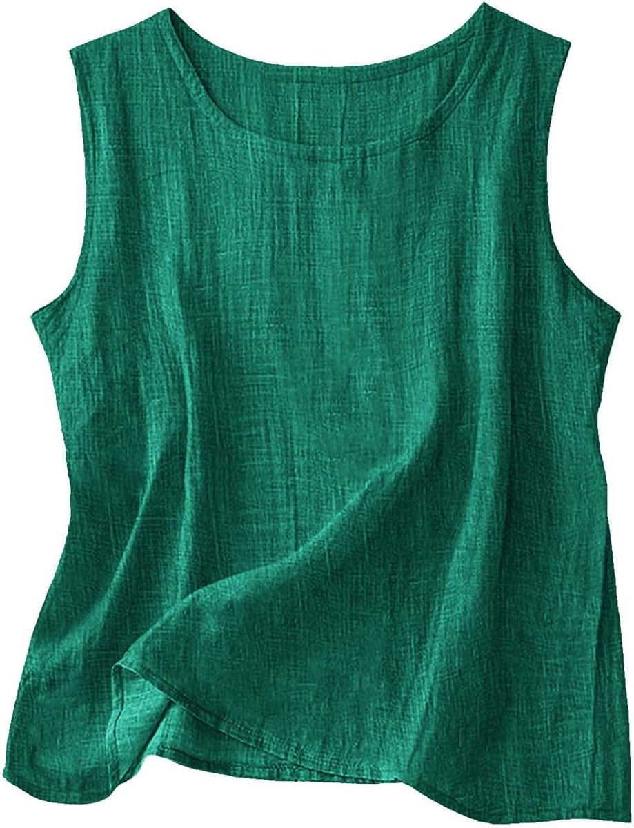 Vrouwen tanktop, ronde hals, losvallend, katoen en linnen, effen, comfortabel
