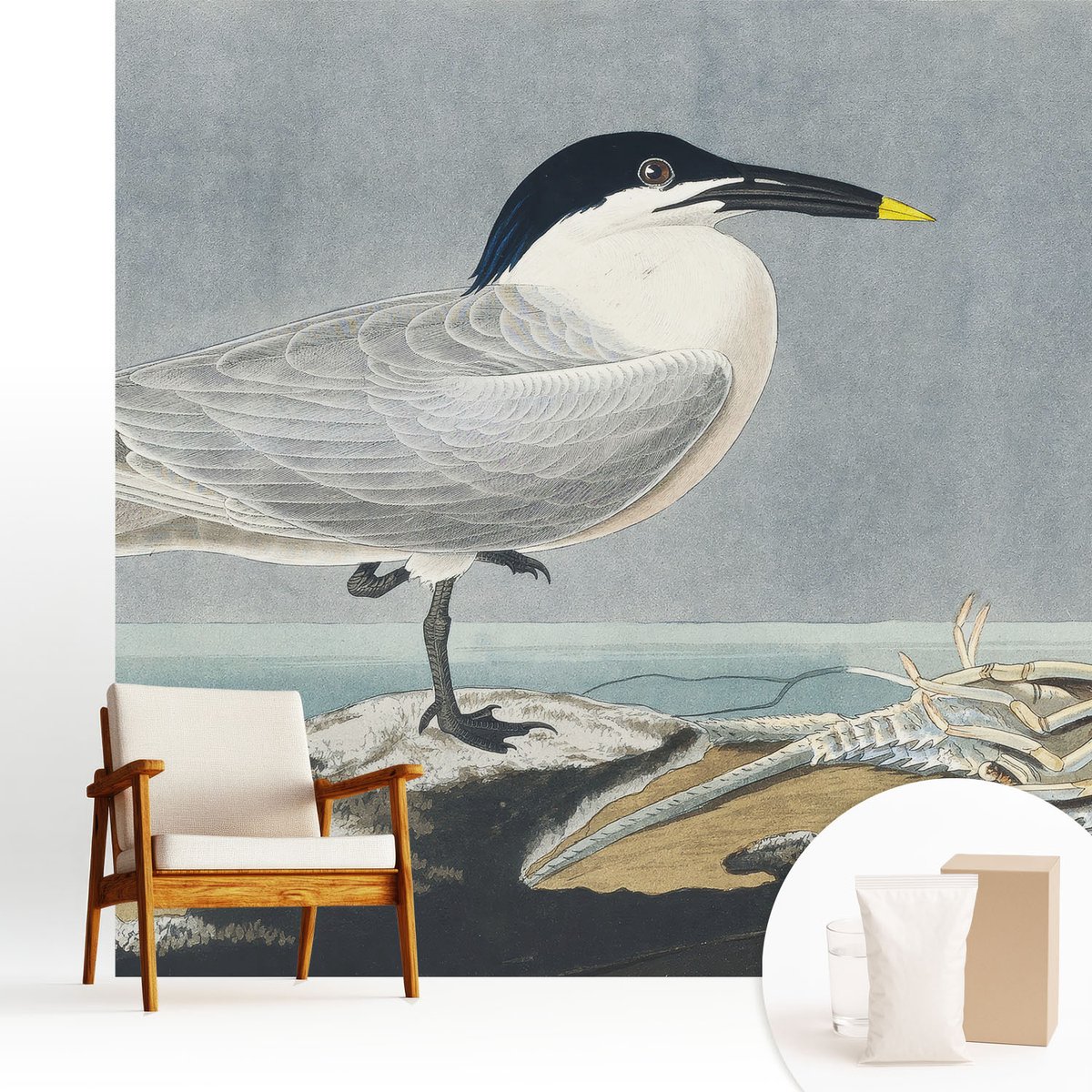 Wallfluent Fotobehang - Grijs Vliesbehang - 250x250 cm - Ornithologische Elegantie Muurschildering - Slaapkamer behang Dieren - Fotobehang Vlies - Slaapkamer behang