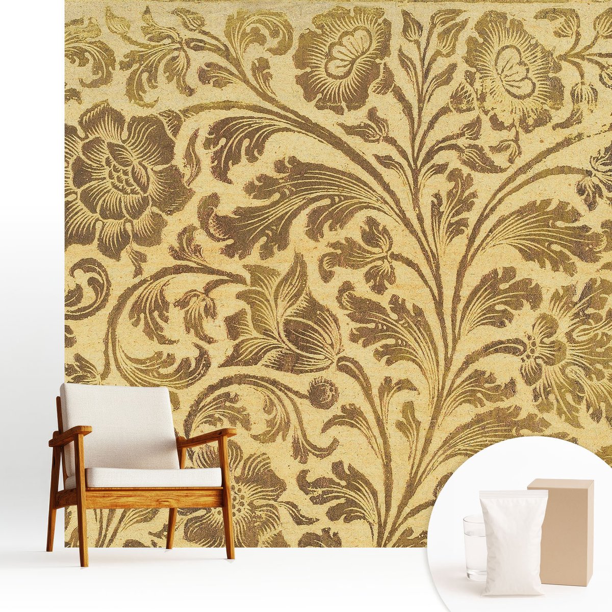 Wallfluent Fotobehang - Geel Vliesbehang - 250x250 cm - Bloemenpatroon Fotobehang Vlies - Hal behang Achtergronden En Patronen - Muurschildering - Woonkamer behang