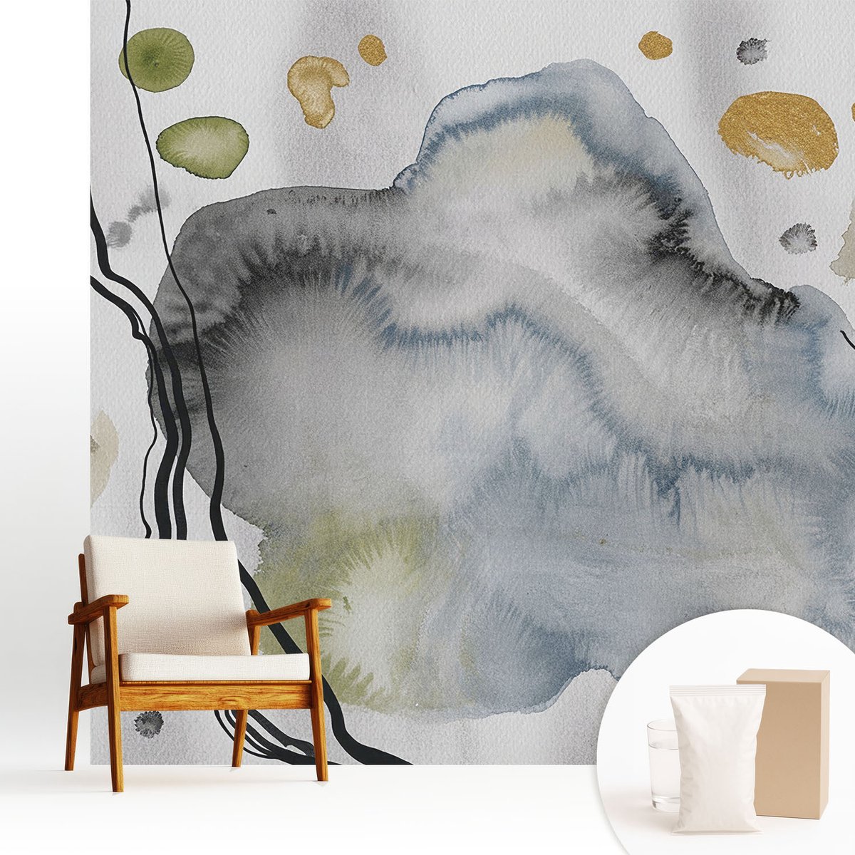 Wallfluent Fotobehang - Grijs Vliesbehang - 250x250 cm - Abstracte Aquarel Muurschildering - Slaapkamer behang Abstractie - Fotobehang Vlies - Slaapkamer behang