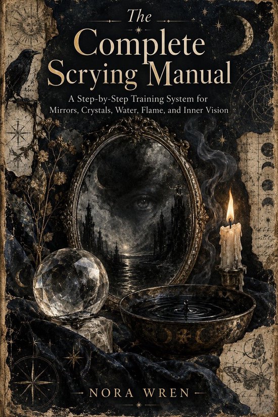 Boekomslag van The Complete Scrying Manual met spiegel, kristal, kaars en een kom water op een donkere, mystieke achtergrond.