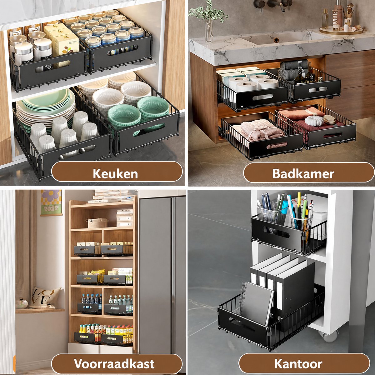 Keukenrek 2 Stuks - Uitschuifbaar Kastrek - Opbergrek voor Keukenkast en Gootsteenkast - Lade Organizer voor Kruiden en Keukenspullen - Zwart — cadeau in Cadeau-ideeën - foto 4