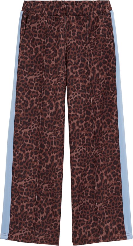 Bruine broek met luipaardprint, deelnaden en lichtblauwe zijkanten.