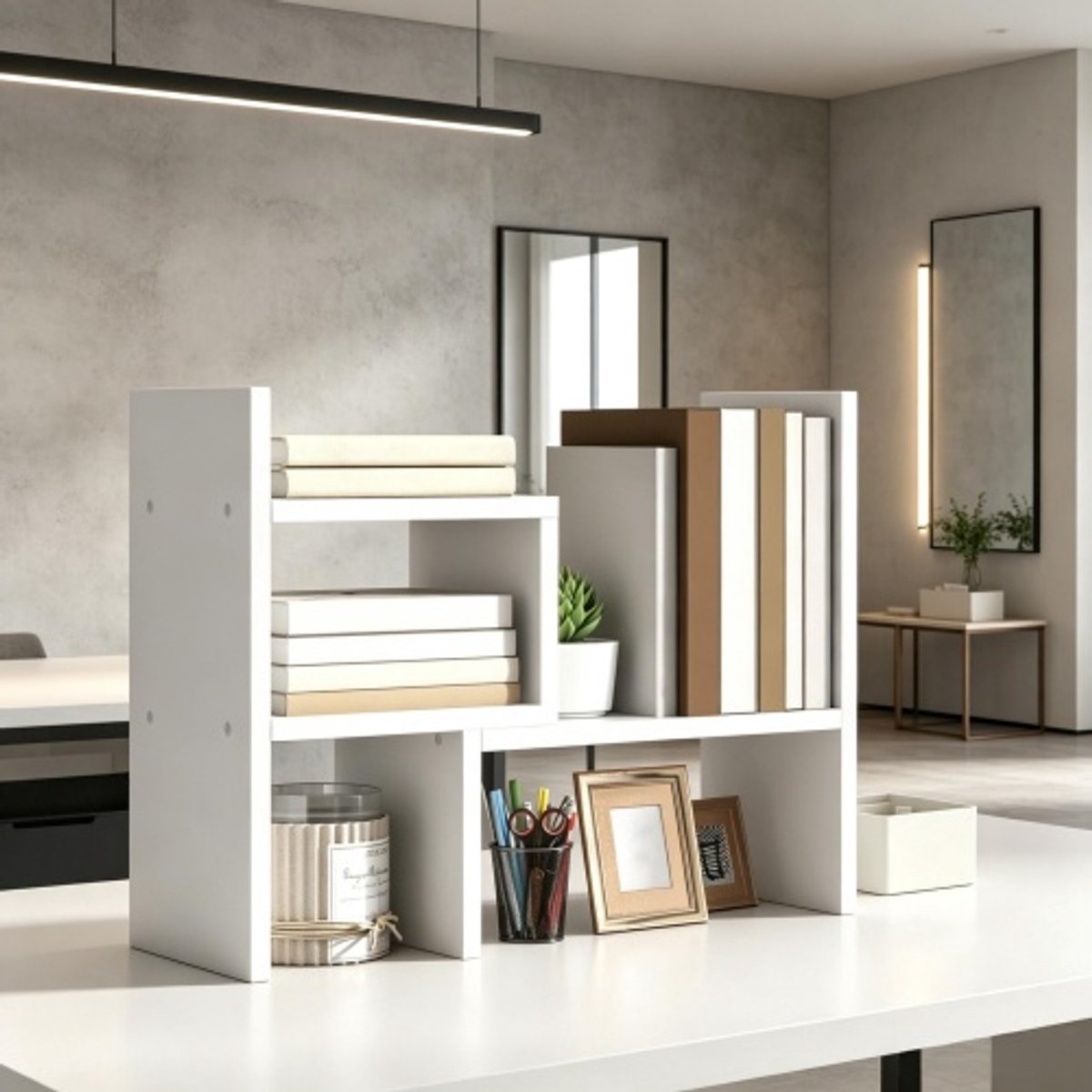 Bureau Organizer-Wit MDF Tafelrek-Modulair Bureau Rek-Vrij Indeelbaar Opbergrek-Voor Boeken En Kantoorartikelen-34,5 x 17,5 x 39,5 cm-Wit