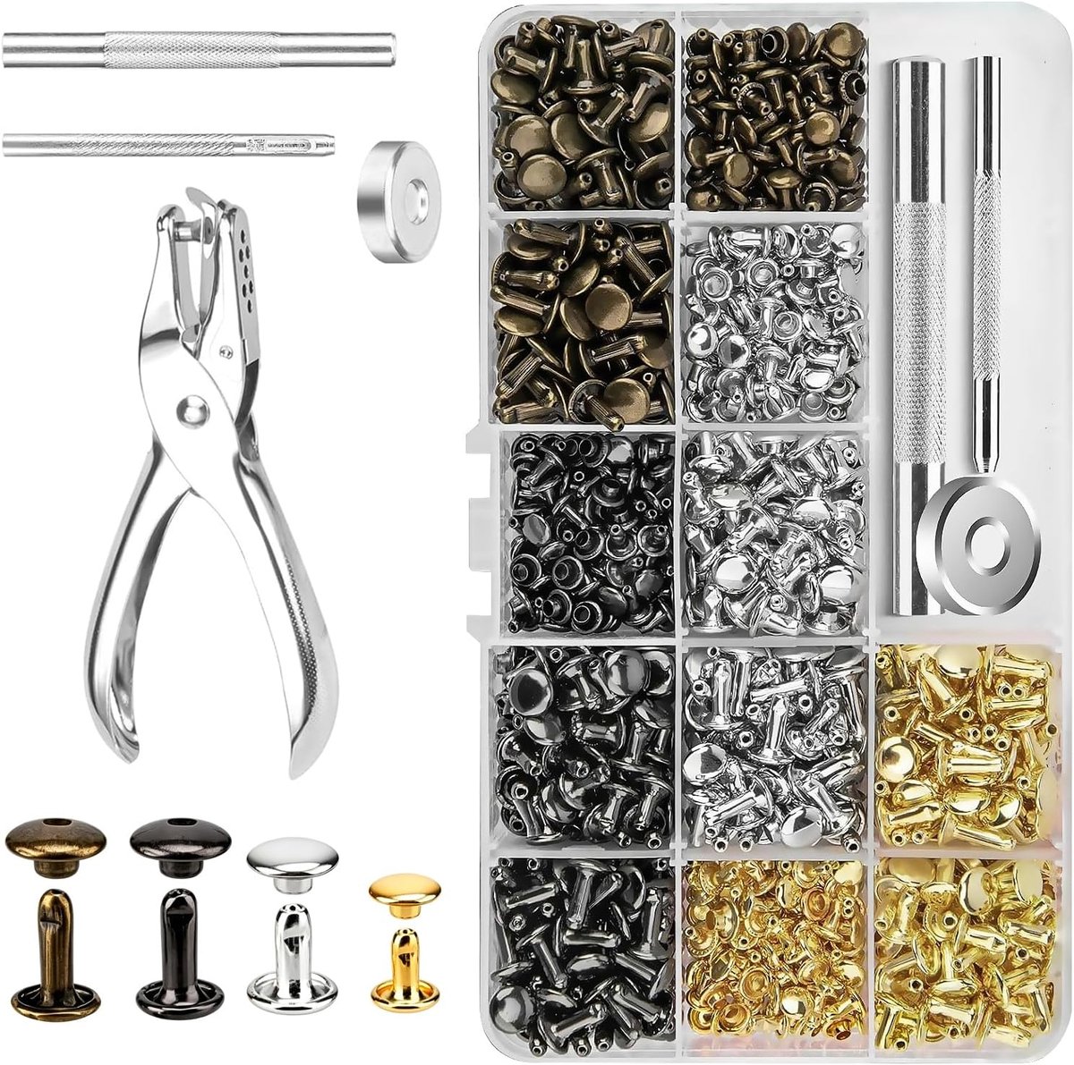 TINA.WIN Set of 480 rivets, hollow rivets, pliers in 4 colours and 3 sizes, double cap rivets with leather, hole - ShopVlot