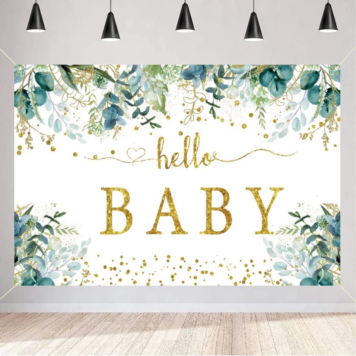 Hello Baby Background for Baby Shower Gold Eucalyptus Green Leaves Gender Neutral Children Photography Backdrop - ShopVlot