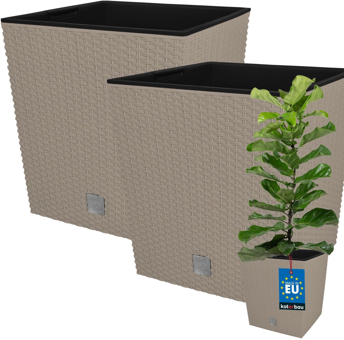 KOTARBAU® Vierkante Bloempot met Inzetpot - Vierkante Plantenbak 32x32 cm 2 Stuks - Plantenpot 32 L - Plantenbak - Kunststof - Rotanlook - Mokka
