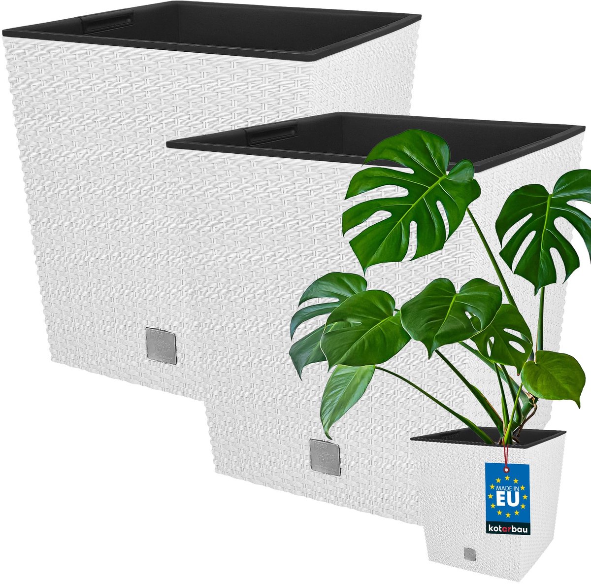 KOTARBAU® Vierkante Bloempot met Inzetpot - Vierkante Plantenbak 40x40 cm 2 Stuks - Plantenpot 64 L - Plantenbak - Kunststof - Rotanlook - Wit
