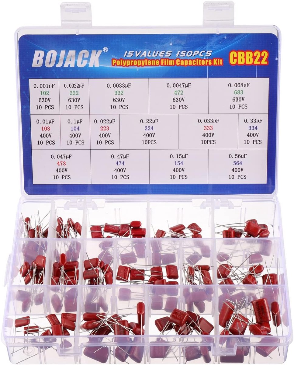 BOJACK 15 Values 150pcs Metallized Polypropylene Film DC Capacitor 400V / 0.01uF~0.56uF 630V / 0.001uF ~ 0.068uF CBB22 - ShopVlot