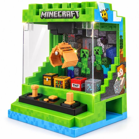 Minecraft grijpmachine met Alex, Creeper, TNT en kistjes, aan beide kanten verlicht.
