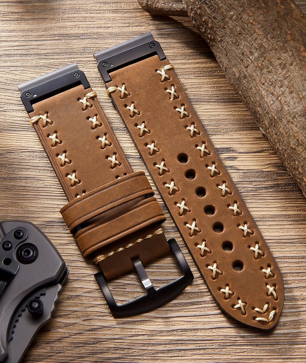 BINLUN Compatible with Garmin Watch Straps, 22mm/26mm, Genuine Leather Watch Strap, Crazy Horse X-Shaped Route - ShopVlot