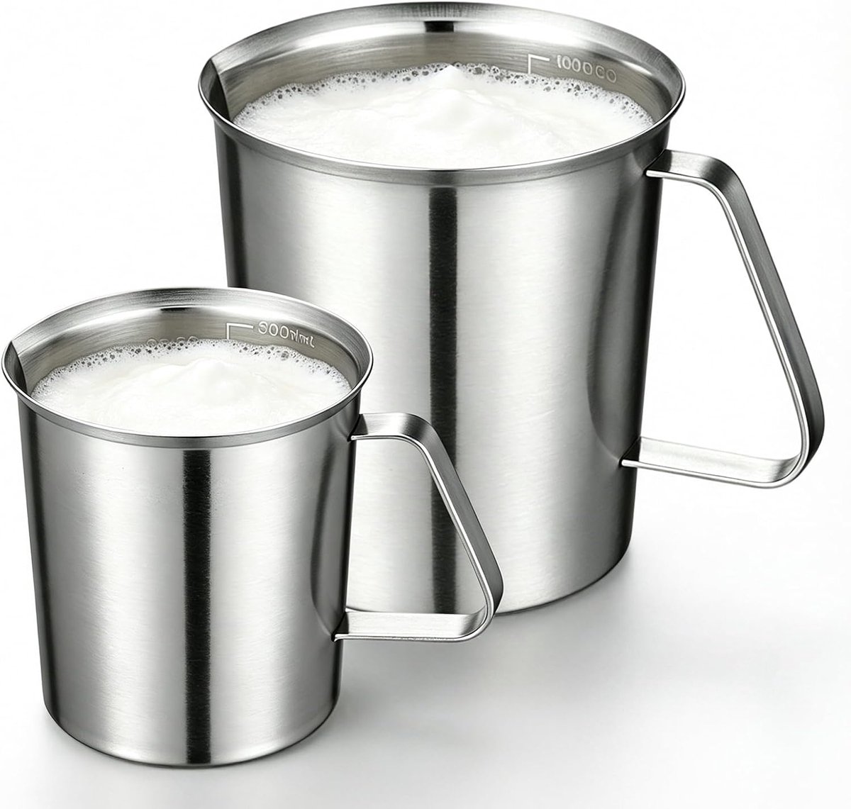 Maatbeker 500 ml en 1000 ml - roestvrij staal - handvat en markering - veilig voor keukengebruik - ShopVlot